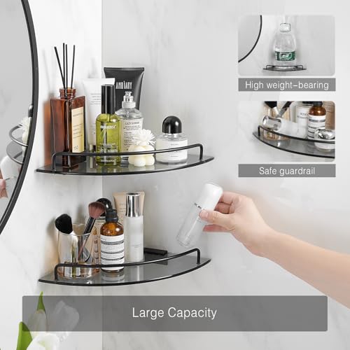 Voldra Glass Corner Shower Caddy, 2 Pack Adhesive Corner Shower Shelves for Inside Shower No Drilling, Tempered Glass Bathroom Corner Shelf with Guardrail Bathroom Shower Organizer Storage Rack(Black) - Image 2