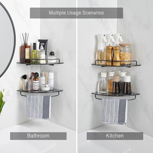Voldra Glass Corner Shower Caddy, 2 Pack Adhesive Corner Shower Shelves for Inside Shower No Drilling, Tempered Glass Bathroom Corner Shelf with Guardrail Bathroom Shower Organizer Storage Rack(Black) - Image 4