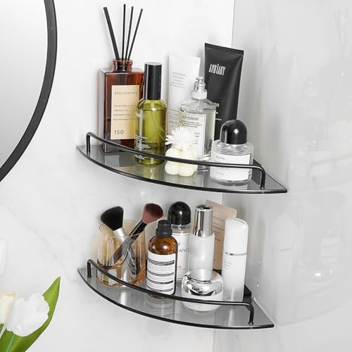 Voldra Glass Corner Shower Caddy, 2 Pack Adhesive Corner Shower Shelves for Inside Shower No Drilling, Tempered Glass Bathroom Corner Shelf with Guardrail Bathroom Shower Organizer Storage Rack(Black) - Image 1