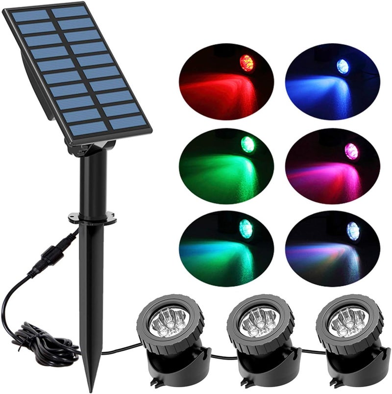 Solar Pond Lights Submersible RGB LED Underwater Spotlights, 3 Lamps 18 LEDs Solar Powered Garden Pool Fountain Lights IP68 Waterproof Landscape Lighting - Image 1