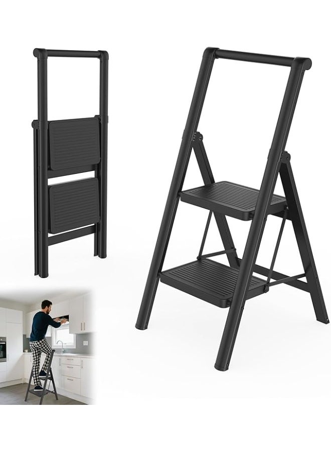 2 steps collapsible stepladder household staircase with wide non-slip pedal and handle Multifunctional household staircase standing ladder Up to 250kg Black for household, kitchen - Image 1