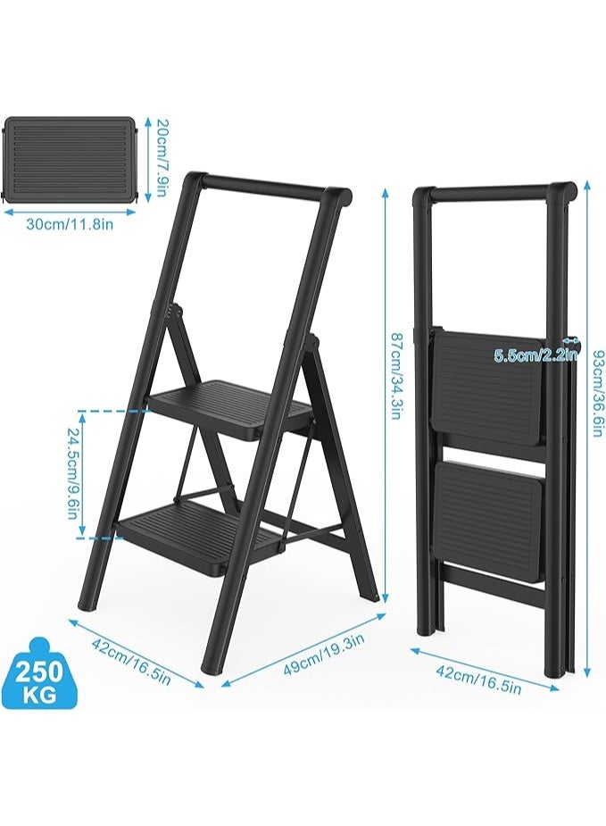 2 steps collapsible stepladder household staircase with wide non-slip pedal and handle Multifunctional household staircase standing ladder Up to 250kg Black for household, kitchen - Image 3