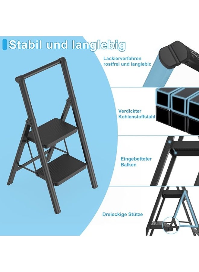 2 steps collapsible stepladder household staircase with wide non-slip pedal and handle Multifunctional household staircase standing ladder Up to 250kg Black for household, kitchen - Image 5