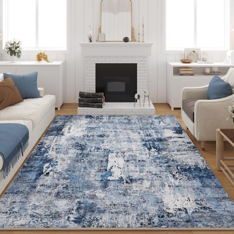Rugcomf 9x12 Boho Rug Soft Area Rug Non-Slip Non-Shedding Faux Wool Vintage Rug for Living Room, Dining Room, Kids Playroom, Blue - Image 1