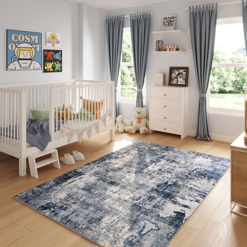 Rugcomf 9x12 Boho Rug Soft Area Rug Non-Slip Non-Shedding Faux Wool Vintage Rug for Living Room, Dining Room, Kids Playroom, Blue - Image 4