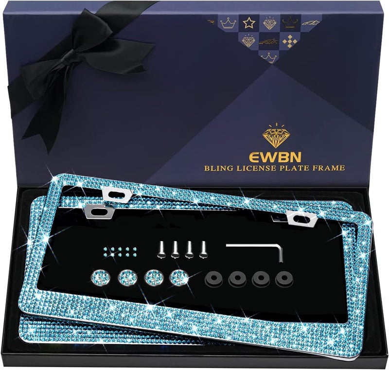 EWBN Bling Rhinestone License Plate Frame for Women 2PC，Diamond Sparkly License Plate Frames| Stainless Steel Frames & Over 1200 pcs Finest 14 Facets Glass Crystals Premium Diamond+GiftBox(Blue) - Image 1