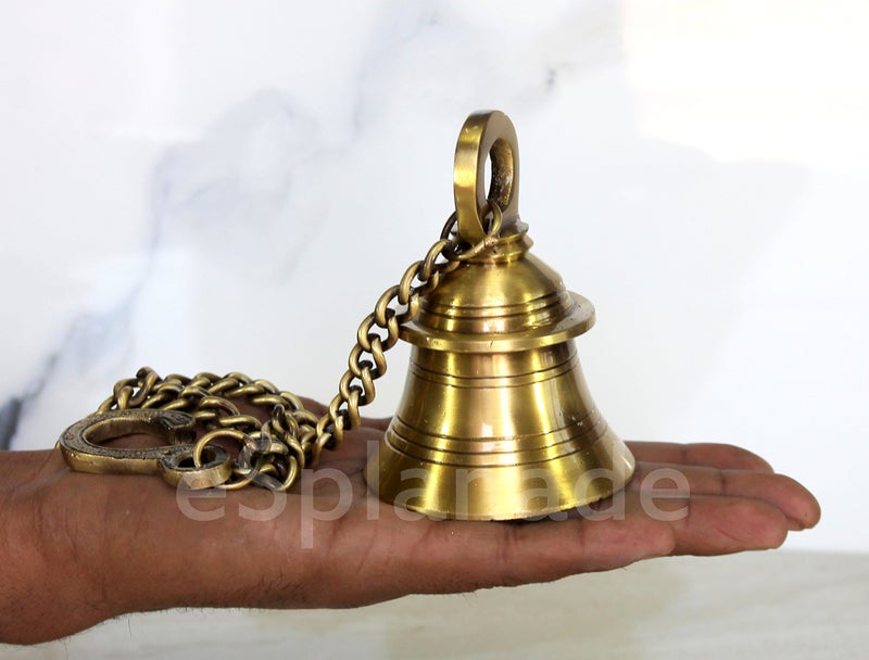 eSplanade - Brass Hanging Bell with Chain Hanging Bell Ghanti | Pooja Accessories - Home Door Decor | Golden - 4" Inches Height with 15" Inches Chain with Hook - Image 5
