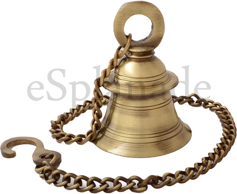eSplanade - Brass Hanging Bell with Chain Hanging Bell Ghanti | Pooja Accessories - Home Door Decor | Golden - 4" Inches Height with 15" Inches Chain with Hook - Image 4