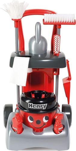 Casdon Henry Hetty Toys Henry Deluxe Cleaning Trolley Red HenryInspired Toy Playset with Working Hand Vacuum Kids Cleaning Trolley Set with Accessories for Children Aged 3 - Image 1