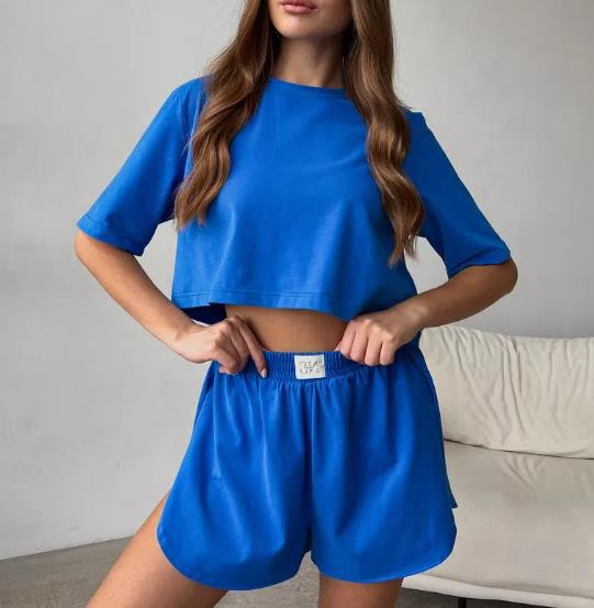 2024 Cross-border Independent Station Amazon New European and American Leisure Sling + Split Shorts Set Short Sleeve Set for Women Blue Short Sleeve Suit