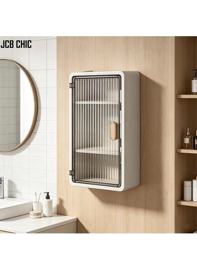 JCB CHIC خزانة حمام تُثبَّت على الحائط دون الحاجة إلى ثقوب، حامل ومنظم لورق التواليت متعدد الأجزاء مزود بباب مقاوم للغبار، منظم أدوات التجميل المثبت على الحائط، صندوق تخزين لموزع المناديل الورقية، عربة تخزين لمستلزمات الحمام - Image 1