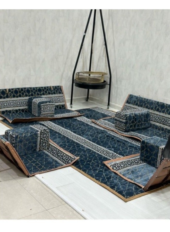 سمارت هوم مجموعة جلوس أرضية تراثية مكونة من 9 قطع مناسبة للسفر والرحلات البرية والحديقة , طقم فرشة تخييم ارضية مع اربع مراكى و 4 كراسي وبساط من القماش عالي الجودة يكفي ل 8 أشخاص (قماش تركي) - Image 2