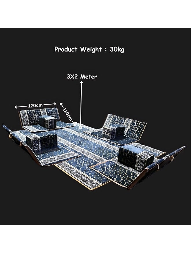 سمارت هوم مجموعة جلوس أرضية تراثية مكونة من 9 قطع مناسبة للسفر والرحلات البرية والحديقة , طقم فرشة تخييم ارضية مع اربع مراكى و 4 كراسي وبساط من القماش عالي الجودة يكفي ل 8 أشخاص (قماش تركي) - Image 5