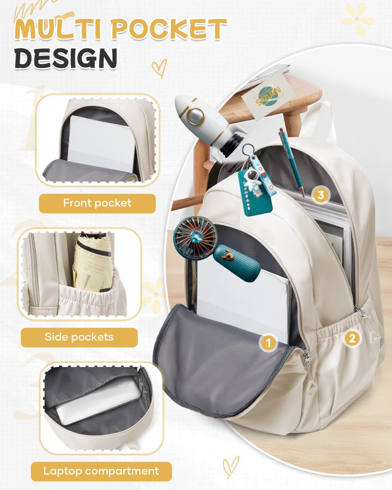 BJLFS Beige Backpack for School Women Girls, Waterproof Book bags Cute High School Backpacks for Men Teen Boys, Lightweight Travel College Backpack Mochilas Escolares para Daypack Ruckssack - Image 4