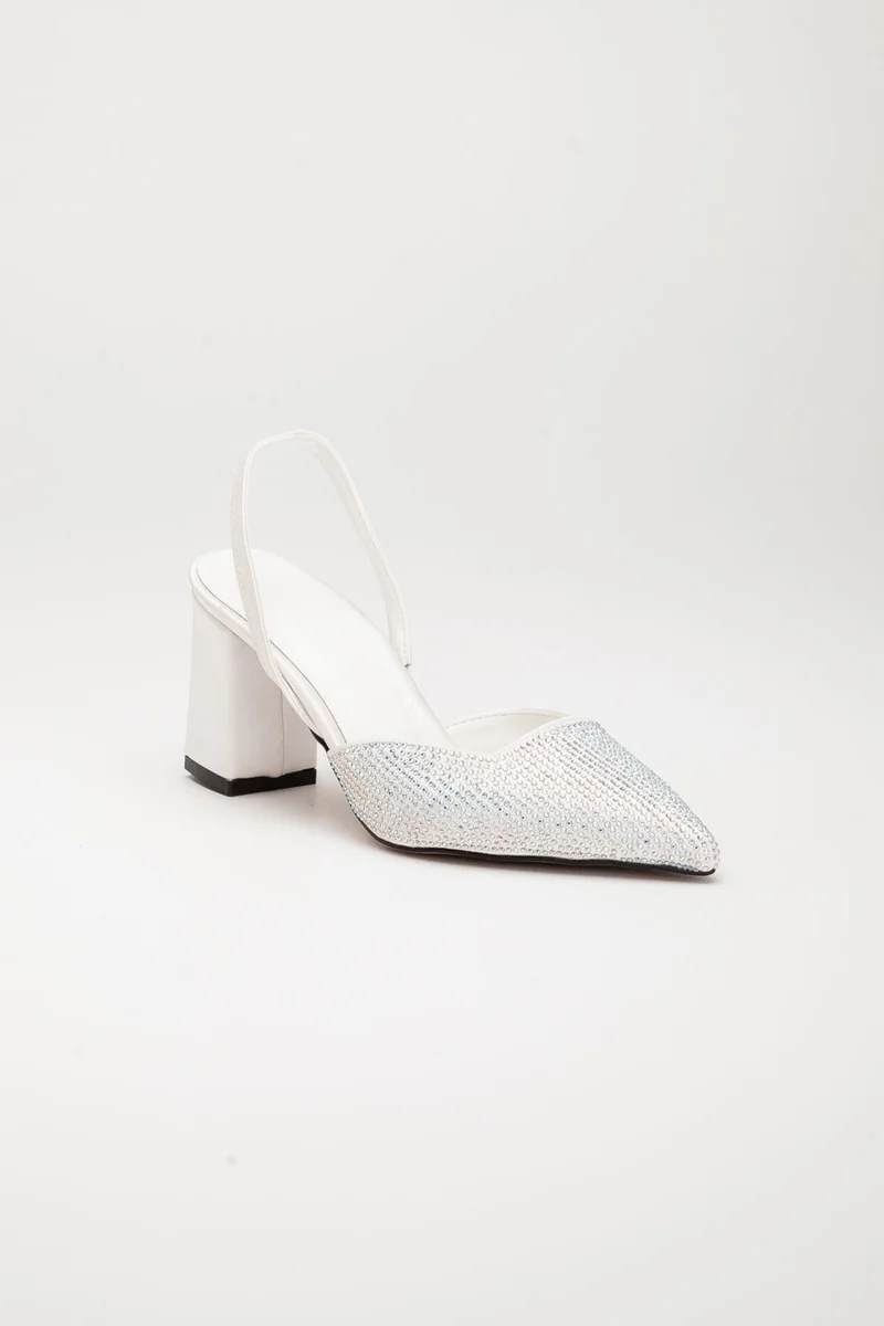 Dilimler Ayakkabı Satin Symmetrical Cut Stone White Women's Heeled Evening Dress Shoes