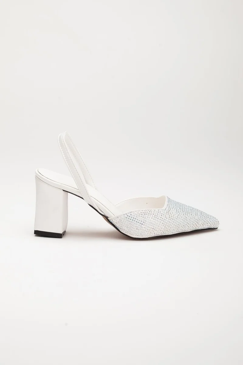 Dilimler Ayakkabı Satin Symmetrical Cut Stone White Women's Heeled Evening Dress Shoes