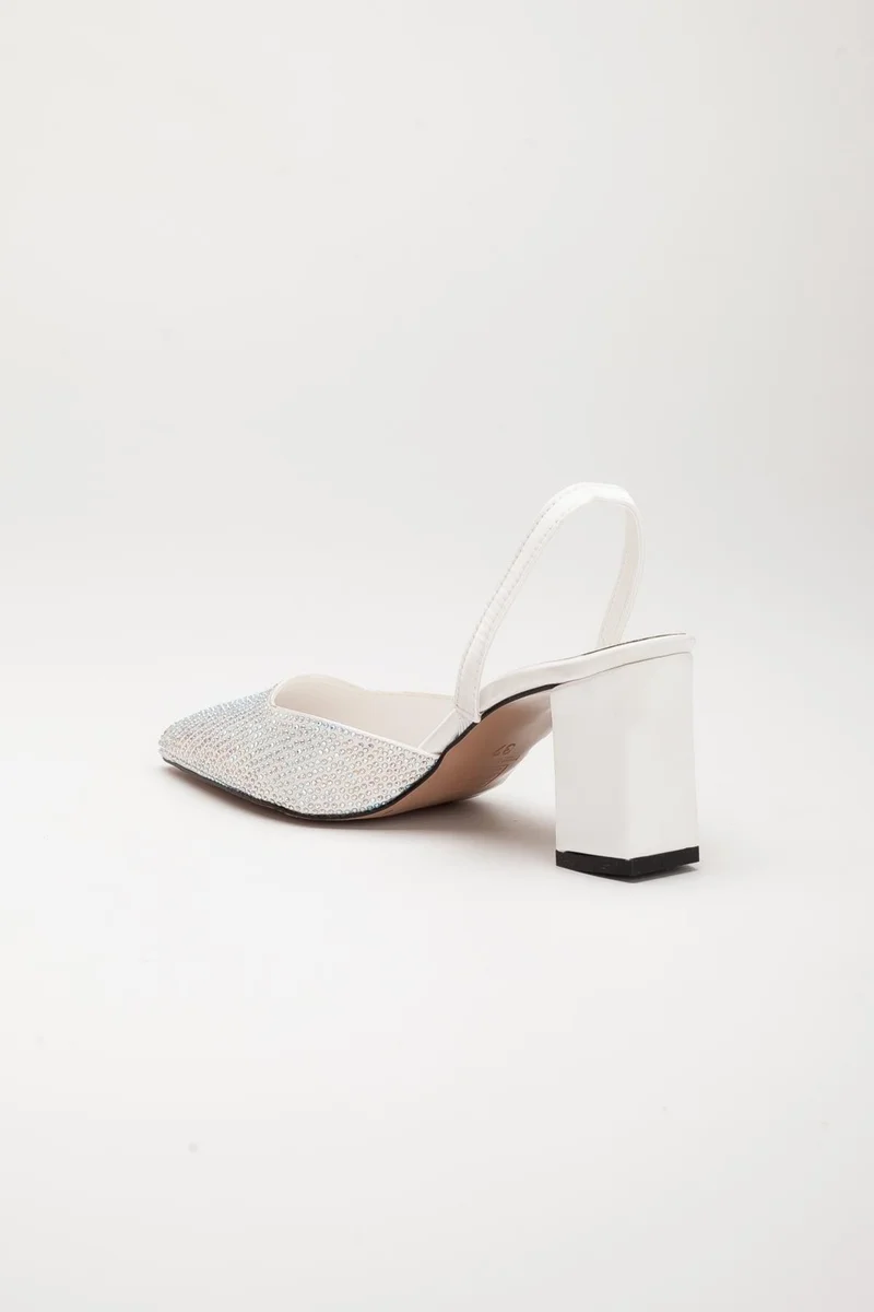 Dilimler Ayakkabı Satin Symmetrical Cut Stone White Women's Heeled Evening Dress Shoes
