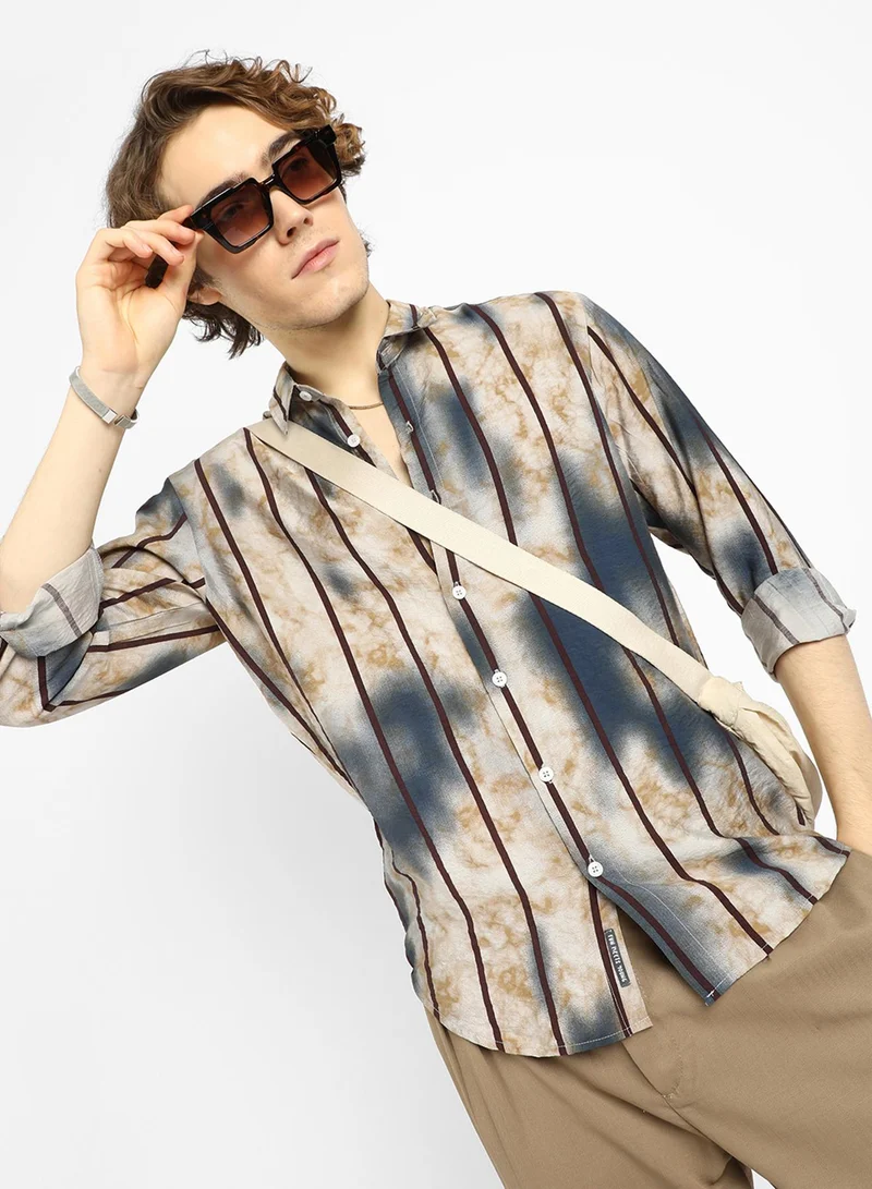 Campus Sutra Men's Navy Blue & Yellow Ochre Tie-Dye Striped Shirt