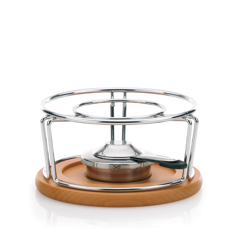 kela cheese fondue rechaud with paste burner NATURA chromeplated metal warmer for fondue paste container with beech wood trivet
