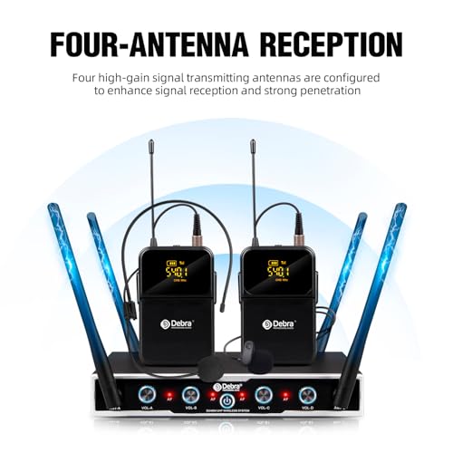 D Debra Audio Pro DU4004 UHF 4 Channel Wireless Microphone System with Lavalier Headset Mics, Ideal for Meeting Church Speech (4 Bodypack) - Image 4