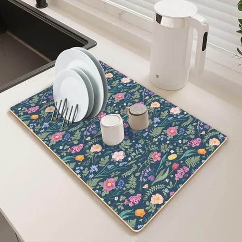 Haevola 2Pack Premium Dish Drying Mat Coffee Bar Mat Drainer Rack for Kitchen Counter Decor Super Absorbent Drying Matt Coffee Station Mat Machine Safe 12 x 195 Fern Florals - Image 3