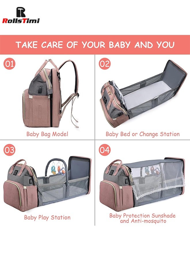 رولستيمي حقيبة حفاضات الطفل على ظهره مع محطة تغيير ، متعددة الوظائف المحمولة للماء سعة كبيرة السفر ، الوردي - Image 5