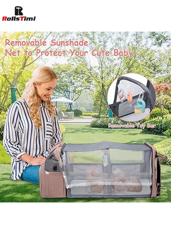 رولستيمي حقيبة حفاضات الطفل على ظهره مع محطة تغيير ، متعددة الوظائف المحمولة للماء سعة كبيرة السفر ، الوردي - Image 2