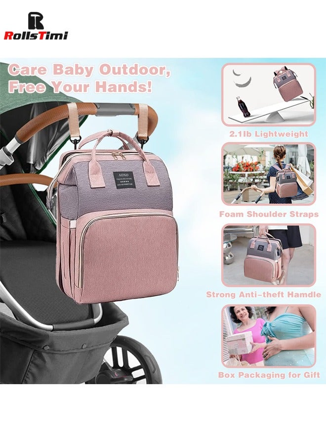 رولستيمي حقيبة حفاضات الطفل على ظهره مع محطة تغيير ، متعددة الوظائف المحمولة للماء سعة كبيرة السفر ، الوردي - Image 3
