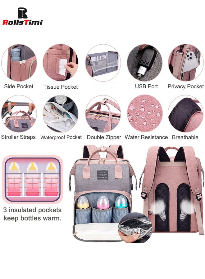 رولستيمي حقيبة حفاضات الطفل على ظهره مع محطة تغيير ، متعددة الوظائف المحمولة للماء سعة كبيرة السفر ، الوردي - Image 4
