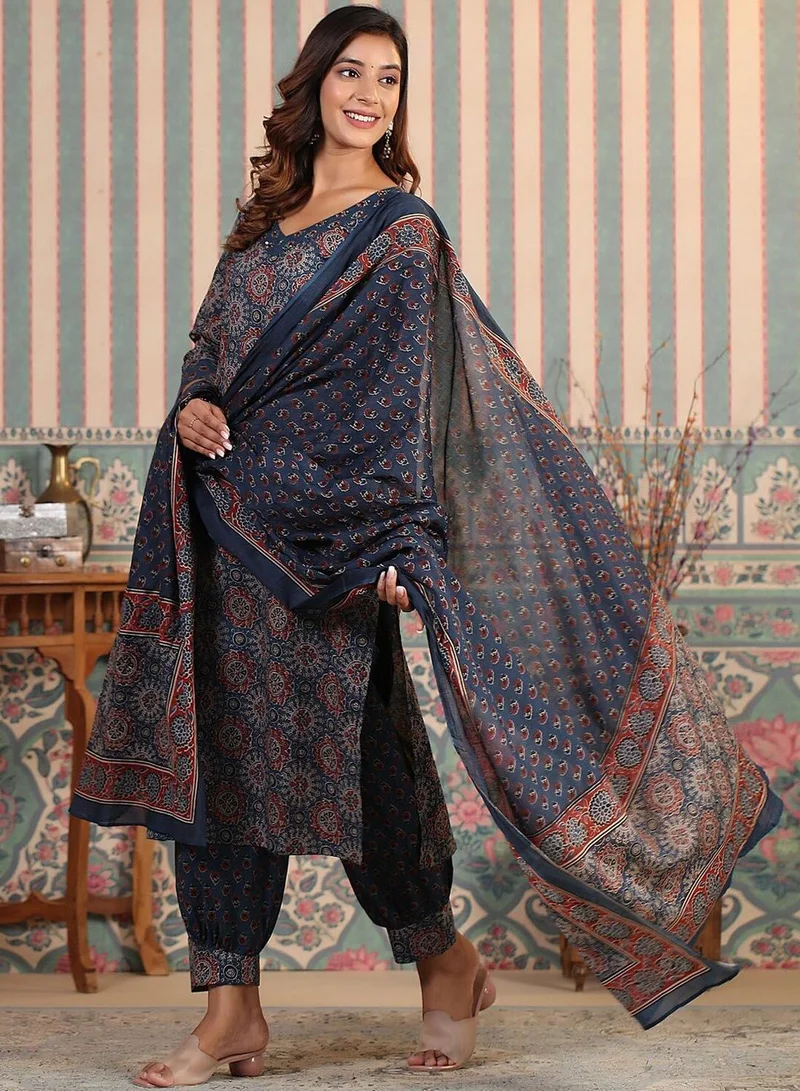 آي شين Women's Multicoloured 100% Cotton Embellished Tunic Full Length Casual Straight Fit Kurta Set
