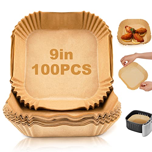 Disposable Air Fryer Paper Liners 100Pcs 9 In Large Square Non Stick Parchment Air Fryer Basket Liner for 8Qt 12Qt Airfryer