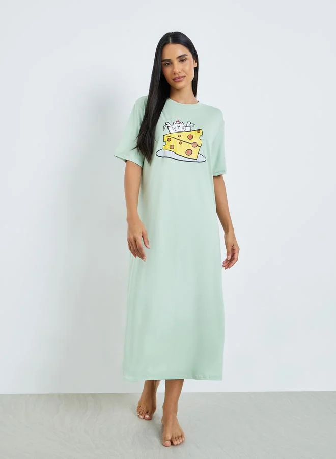 Styli Green Cat Cheese Graphic Sleep T-Shirt Dress