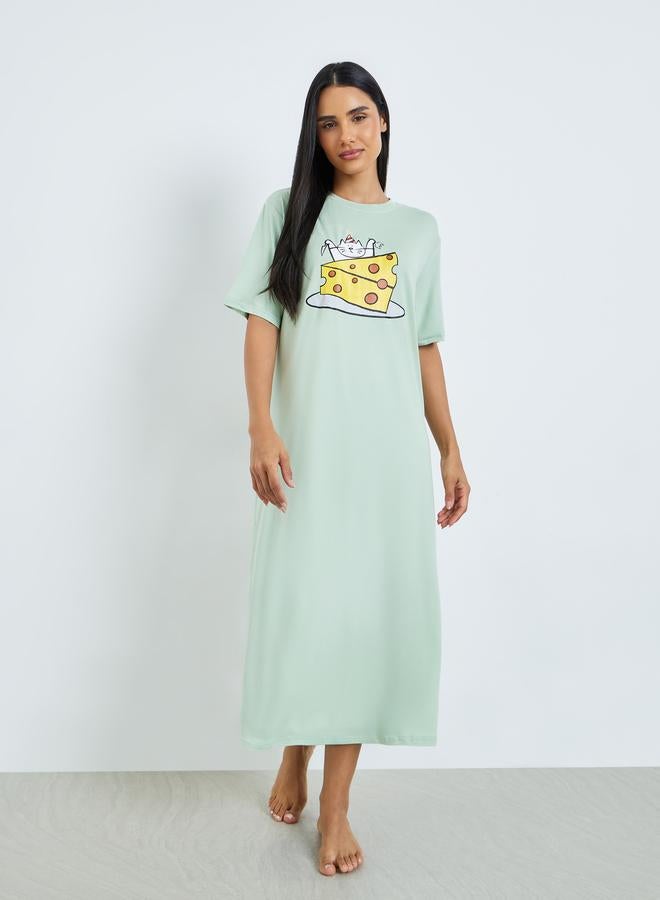 Styli Green Cat Cheese Graphic Sleep T-Shirt Dress - Image 2