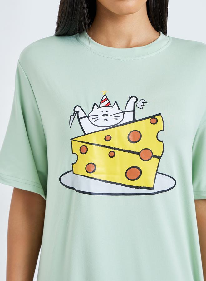 Styli Green Cat Cheese Graphic Sleep T-Shirt Dress - Image 3