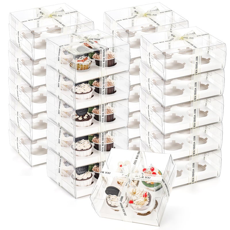 Cedilis 20 Pack Clear Cupcake Boxes with Gift Ribbon, 4 Count Plastic Cupcake Containers, Cupcake Carrier Holder for Treat Dessert Cookies Muffins Pastry Baby Shower Party - Image 1
