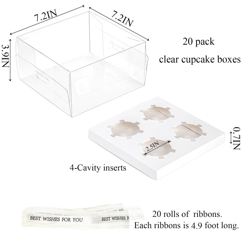 Cedilis 20 Pack Clear Cupcake Boxes with Gift Ribbon, 4 Count Plastic Cupcake Containers, Cupcake Carrier Holder for Treat Dessert Cookies Muffins Pastry Baby Shower Party - Image 3