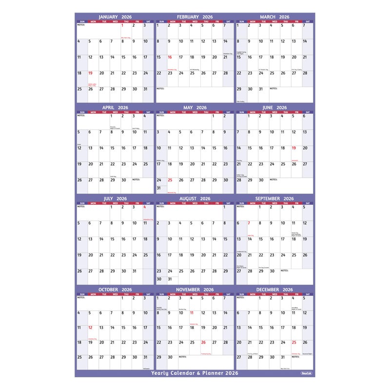 BowCuk 2026 Yearly Wall Calendar - Large Yearly Calendar 2026, Jan 2026 - Dec 2026, 25.2" x 38.2" (Open), 2026 Calendar, Large Wall Calendar 2026, Full Year Paper with Notes, Thicker Paper - Purple - Image 1