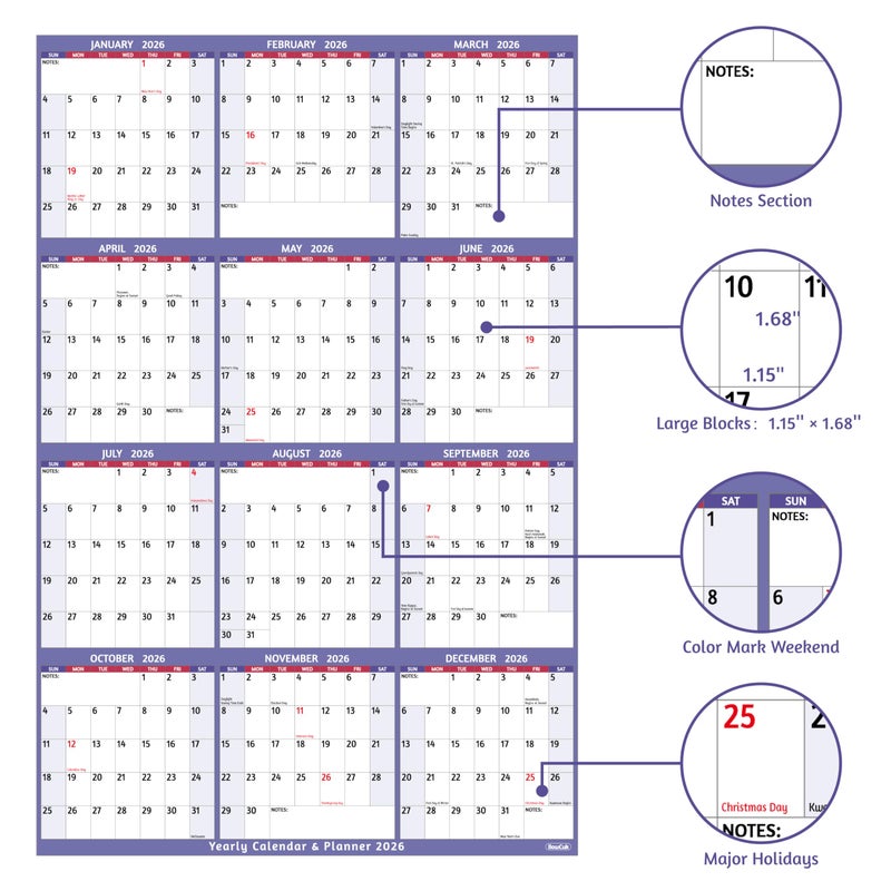 BowCuk 2026 Yearly Wall Calendar - Large Yearly Calendar 2026, Jan 2026 - Dec 2026, 25.2" x 38.2" (Open), 2026 Calendar, Large Wall Calendar 2026, Full Year Paper with Notes, Thicker Paper - Purple - Image 3