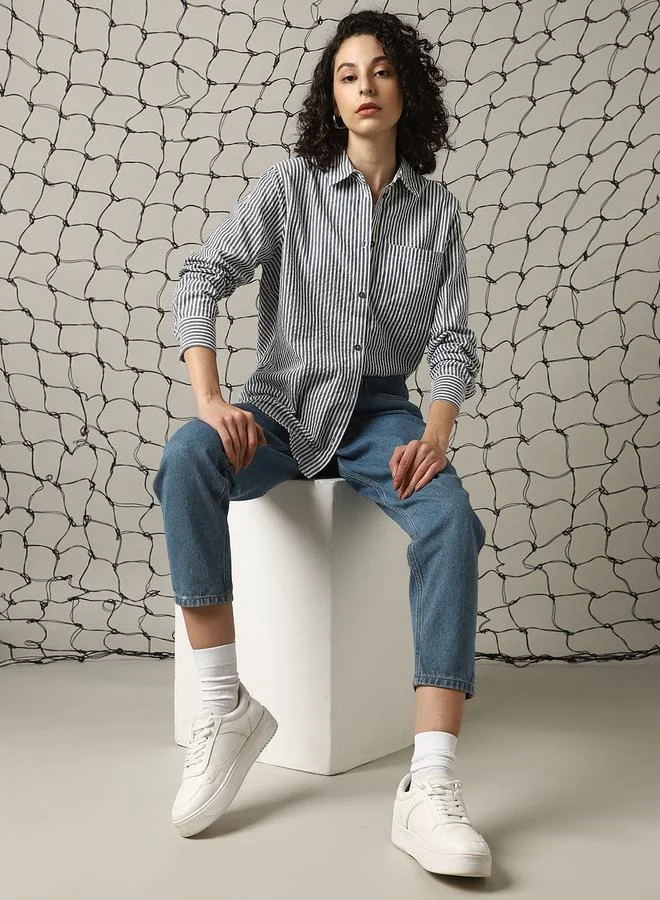 Hubberholme Women's Multicolour 100% Cotton Schiffli Button Down Oversized Shirt