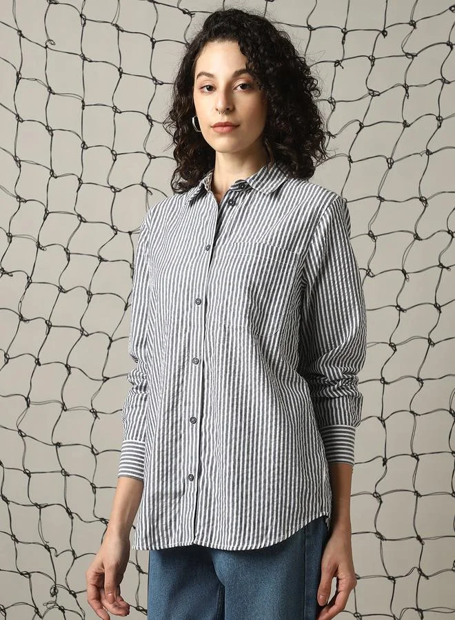 Women's Multicolour 100% Cotton Schiffli Button Down Oversized Shirt