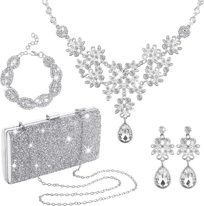 Kajaia 4 Pieces Silver Clutch Purse Rhinestone Jewelry Set for Women Glitter Evening Clutch Bag and Crystal Dangle Earrings Bridal Wedding Necklace Bracelet Prom Jewelry Set for Wedding Bridal Evening Party - Image 1