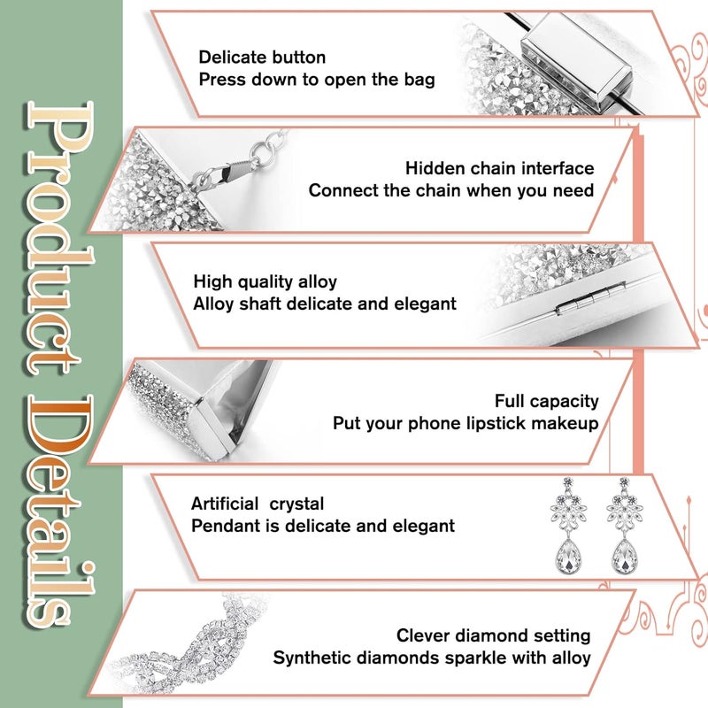 Kajaia 4 Pieces Silver Clutch Purse Rhinestone Jewelry Set for Women Glitter Evening Clutch Bag and Crystal Dangle Earrings Bridal Wedding Necklace Bracelet Prom Jewelry Set for Wedding Bridal Evening Party - Image 4