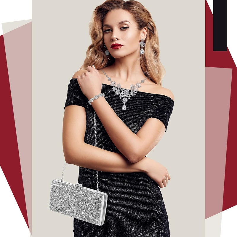Kajaia 4 Pieces Silver Clutch Purse Rhinestone Jewelry Set for Women Glitter Evening Clutch Bag and Crystal Dangle Earrings Bridal Wedding Necklace Bracelet Prom Jewelry Set for Wedding Bridal Evening Party - Image 2