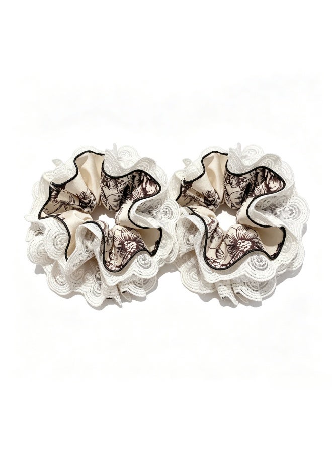 2 Pack Black Line Floral Satin Scrunchies with Hollow Lace Trim, Vintage Ruffled Hair Accessories for Women - Image 1