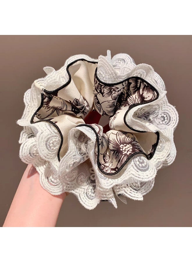 2 Pack Black Line Floral Satin Scrunchies with Hollow Lace Trim, Vintage Ruffled Hair Accessories for Women - Image 2
