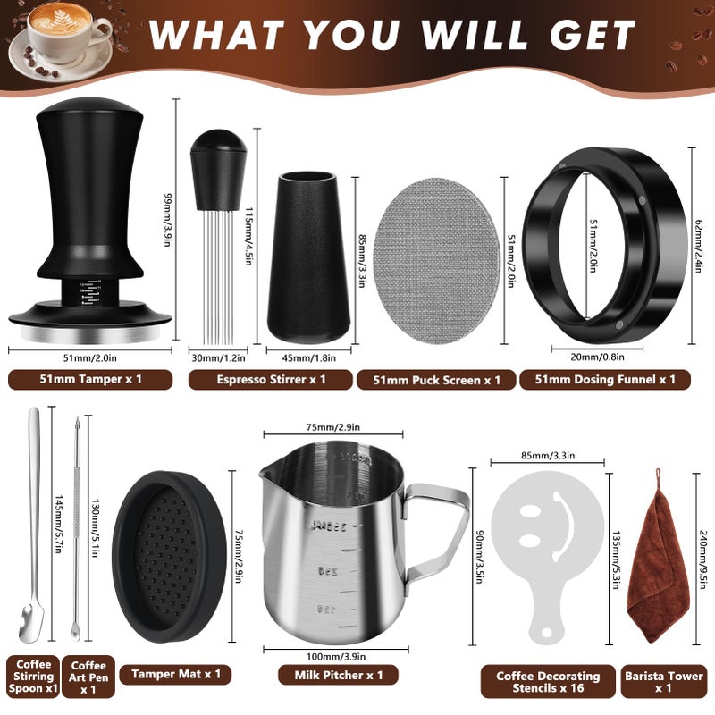 Y-Step 25 PCS Espresso Accessories Kit, Espresso Tamper Kit Coffee Tamper Set, 51mm Espresso Tamper with Spring Loaded Calibrated, 51mm Espresso Puck Screen and Dosing Funnel, WDT Tool, Latte Art Kit - Image 2