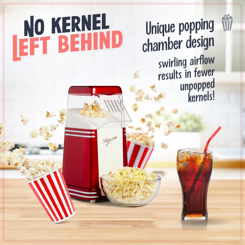 Nostalgia Hot-Air Electric Popcorn Maker, 8 Cups, Healthy Oil Free Popcorn with Measuring Scoop, Retro Red - Image 2