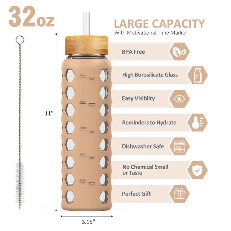 Mukoko 32oz زجاجات زجاجية من الزجاج مع 2 أغطية الصبغة غطاء وغطاء قش قش محفز تورم مع تذكير العلامة الوقت وأكمام السيليكون مقاوم الأكمام-Amber-1 حزمة - Image 2