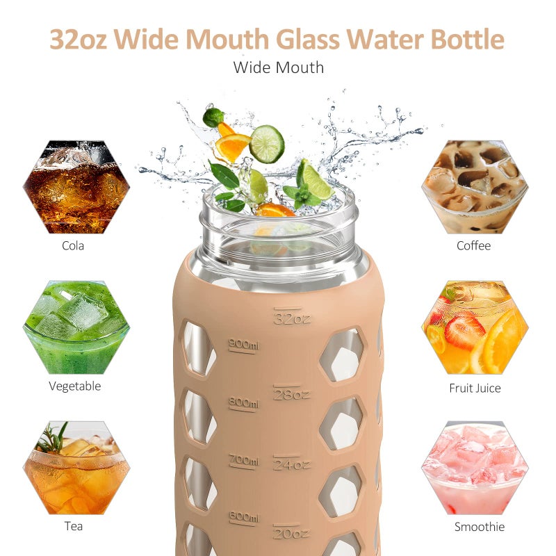Mukoko 32oz زجاجات زجاجية من الزجاج مع 2 أغطية الصبغة غطاء وغطاء قش قش محفز تورم مع تذكير العلامة الوقت وأكمام السيليكون مقاوم الأكمام-Amber-1 حزمة - Image 5