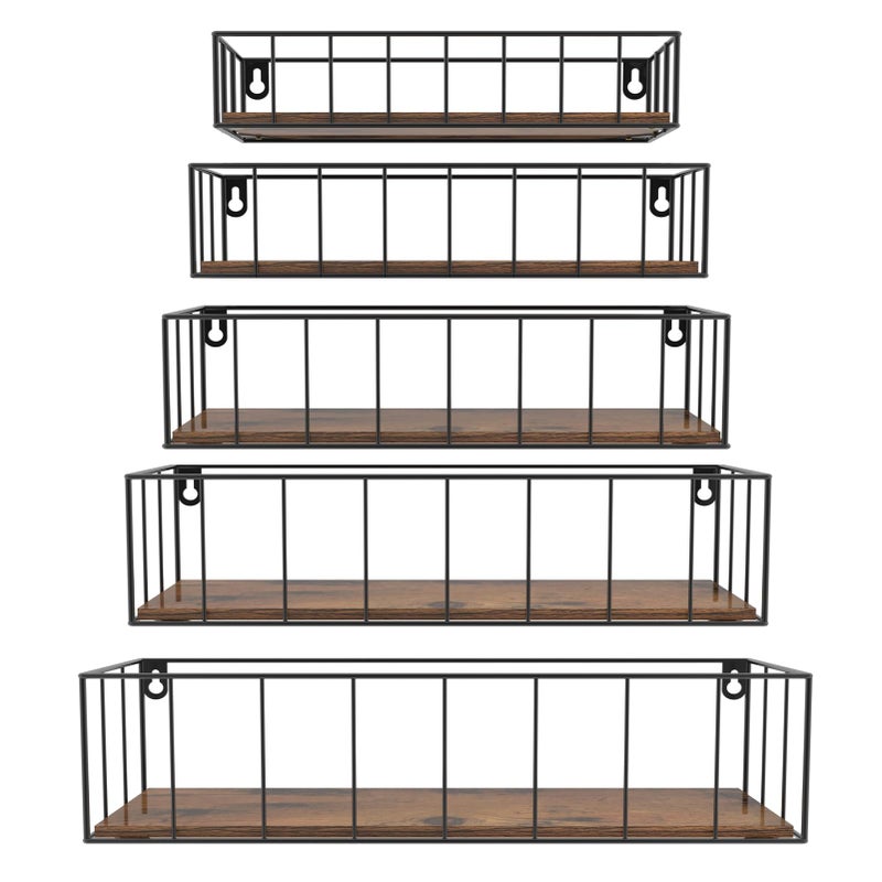 CRUGLA Floating Shelves Wall Mounted Set of 5 Hanging Storage Wall Shelf with Rail for Bathroom Bedroom Living Room Kitchen